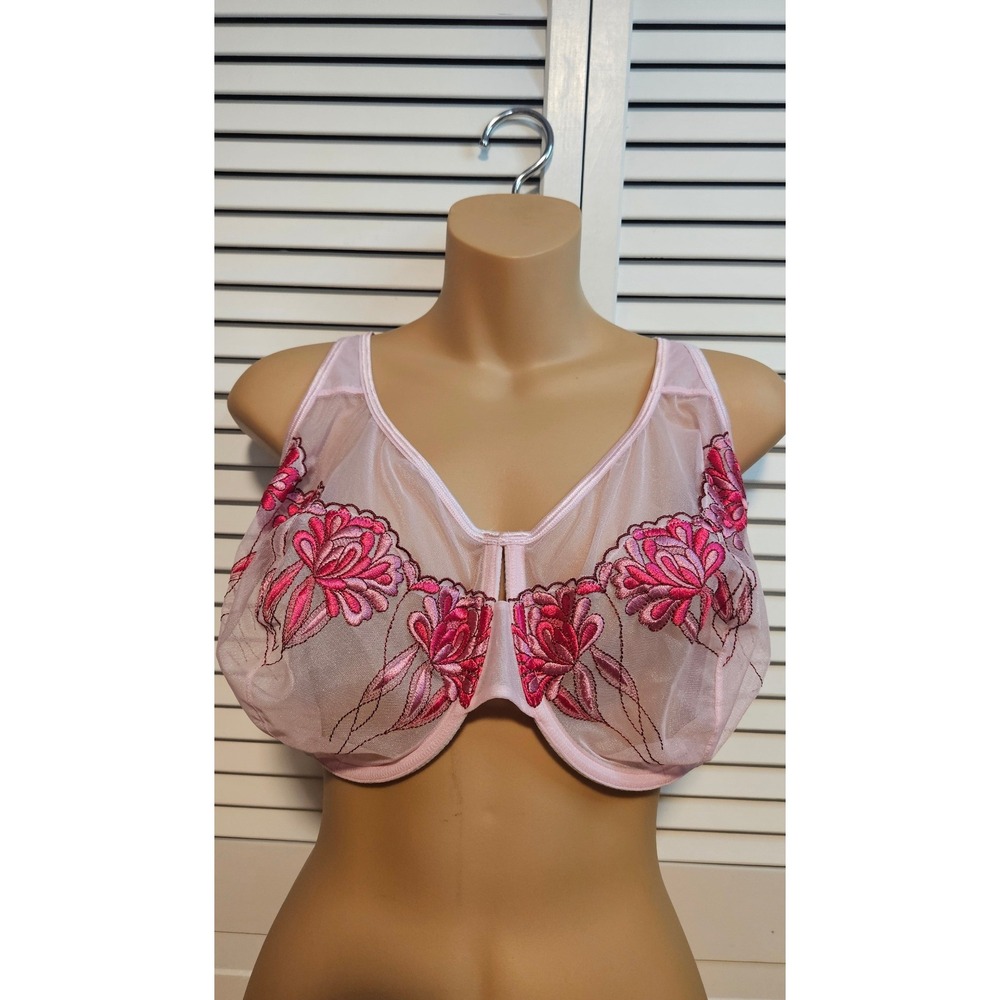 Cacique Pink Floral Embroidered Sheer Mesh Underwire Bra 44DD